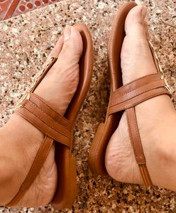 Stylish Brown T-Strap Sandals with Gold Accents