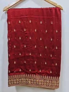 NEW Maroon Embroidered Silk Saree