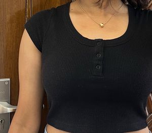 Ribbed Black Cropped Henley Top