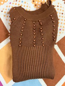 Brown Ribbed Knit Sweater