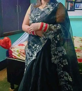 Elegant Black Embroidered Organza Saree