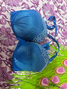 Blue Lace Trim Push-Up Bra