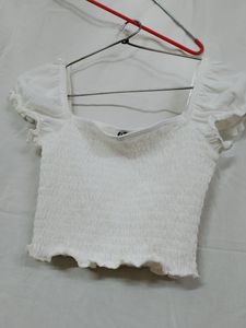 Chic White Smocked Puff Sleeve Top