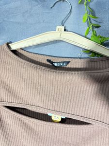 SHEIN Brown Ribbed Cut-Out Long Sleeve Top