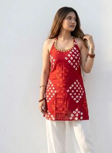 Red Bandhani Print Halter Neck Kurta
