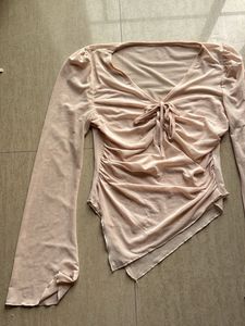 Sheer Ruched Tie-Front Top