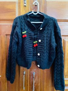 Cute Cherry Embellished Black Knit Cardigan