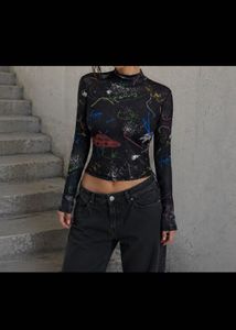 Graffiti Print Mesh Long Sleeve Top