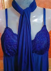 Blue 2 Piece Lingerie Set with Scarf And Thong