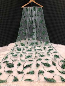 Net Dupatta with Green Leaf Embroidery