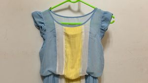 Light Blue &amp; Yellow Pleated Midi Dress