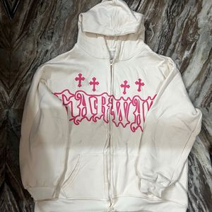 Cream Graphic Zip-Up Hoodie( no negotiations)