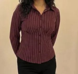 Burgundy Pinstripe Fitted Blouse - S