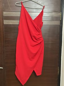 Noodle Strap, Front Slit Warm Red Short Dress🥹