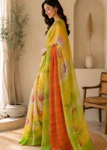 Yellow Floral Print Saree