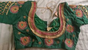 Heavy Aari work Embroidered Green Silk Blouse