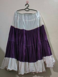 Purple And White Long Flared Skirt