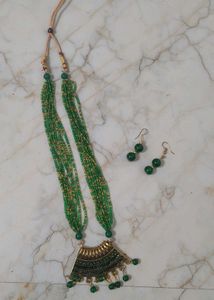 Green Beaded Necklace & Earrings Set