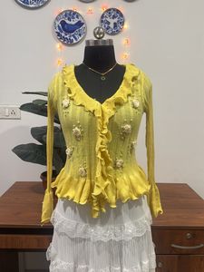 Yellow Ruffled Embellished Cardigan