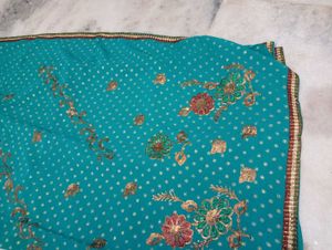 Beautiful Teal Saree with Floral Embroidery