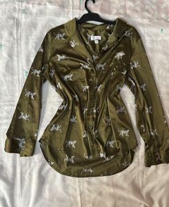 Olive Green Tiger Print Button-Up Shirt