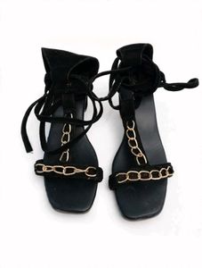 Black Chain Detail Lace-Up Sandals
