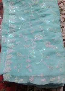 Sky Blue Embroidered Saree with stitched blouse