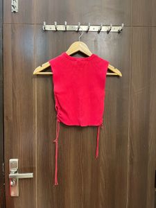 Zara Red Ribbed Tie-Up Crop Top