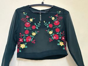 Sheer Embroidered Floral Crop Top