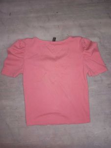 Pink Puff Sleeve Ribbed Top