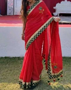 Vibrant Red Saree with Embellished Border