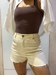 Cream Denim High-Waisted Shorts