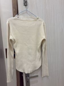 Cream Ribbed Lace Trim Top