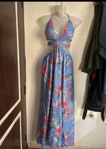 Blue Tropical Print Maxi Dress