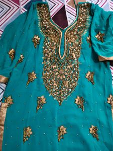 Teal &amp; Gold Embroidered Salwar Kameez