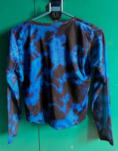 Blue &amp; Black Tie-Dye Mesh Long Sleeve Top