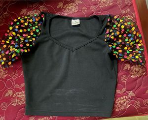 Black Top with Polka Dot Mesh Sleeves