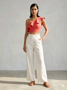 Coral One-Shoulder Ruffle Crop Top