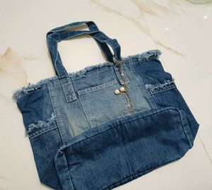Denim Tote Bag with Pearl Charm