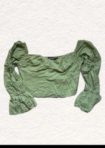 Olive Green Schiffli Embroidered Crop Top