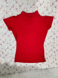 Red High neck Half Sleeve Top