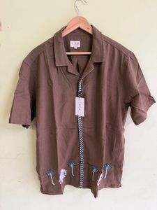 Men's Brown Embroidered Palm Tree Shirt