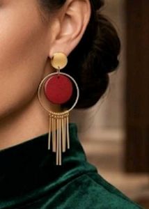 Unique Red Wood & Gold Dangle Earrings