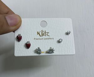 Cute Strawberry & Crystal Stud Earrings Set