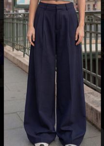 Navy Wide Leg Pleated Trousers