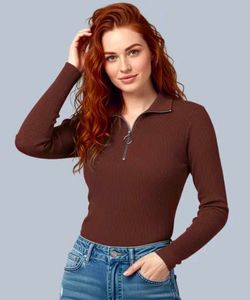 Brown Long Sleeve Top with Zipper Detail