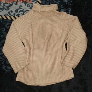 Beige Ribbed Knit Turtleneck Sweater