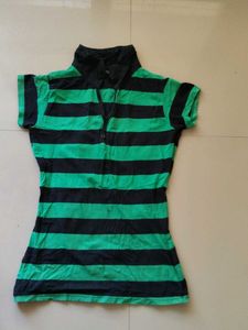 Green & Black Striped Polo Top