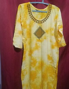 Yellow Tie-Dye Kurta with Embroidery