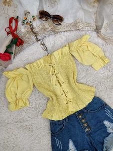Chic Off-Shoulder Smocked Yellow Top